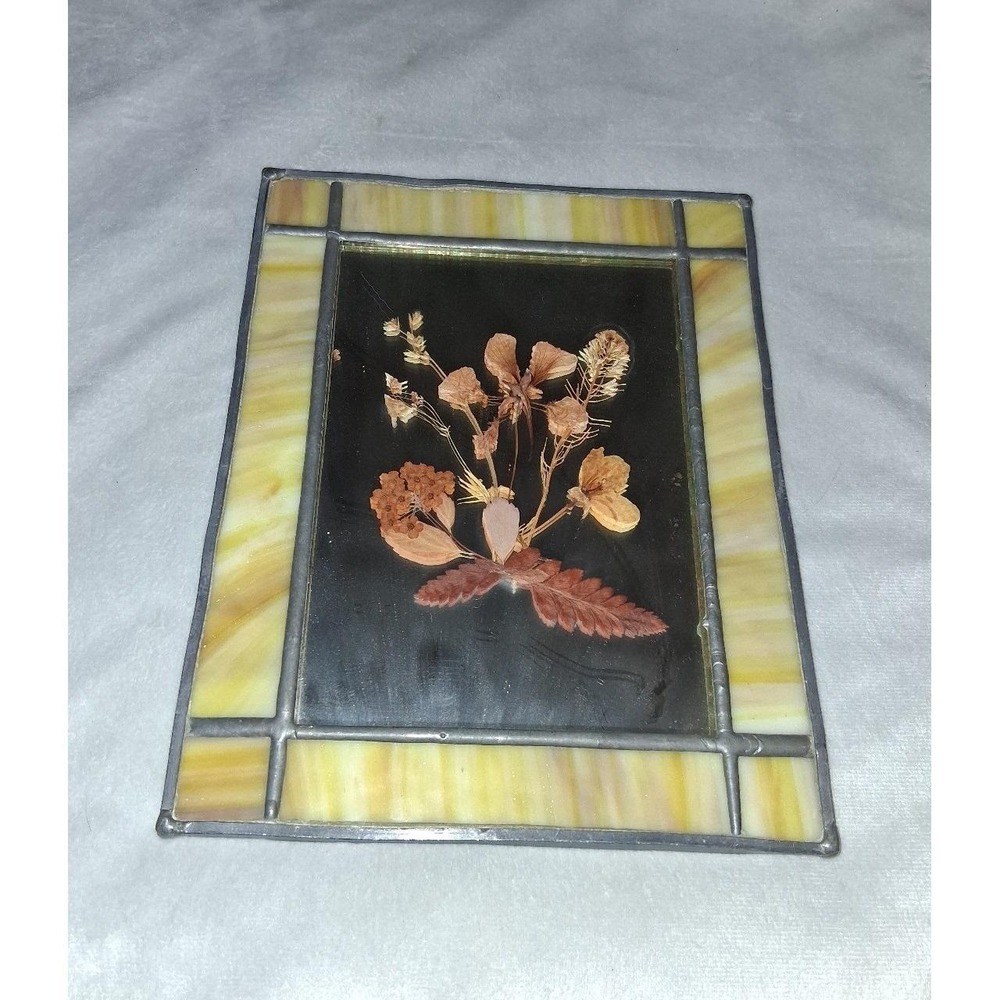Vintage Stained Glass Mirror Pressed Dried Flower Botanical Wall Art 9.25" x 7.2